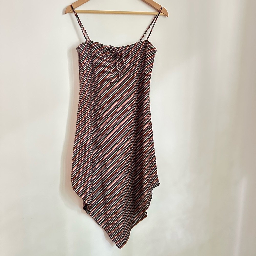 70s Vintage Striped Asymmetrical Sundress Rainbow Polyester Midi Medium M
